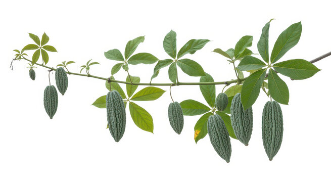 Fresh bitter melon vine with hanging green fruits and leaves isolated on a white background