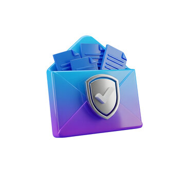 Secure Email Concept: 3D Blue and Purple Envelope with Shield and Verified Checkmark