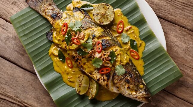 Whole grilled fish seasoned with Mexican spices on a banana leaf representing fresh coastal seafood traditions.
