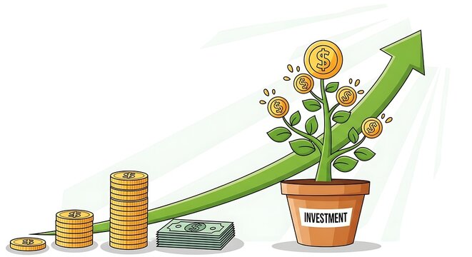 A potted plant with coins grows rapidly alongside stacked coins and bills under a rising green arrow.