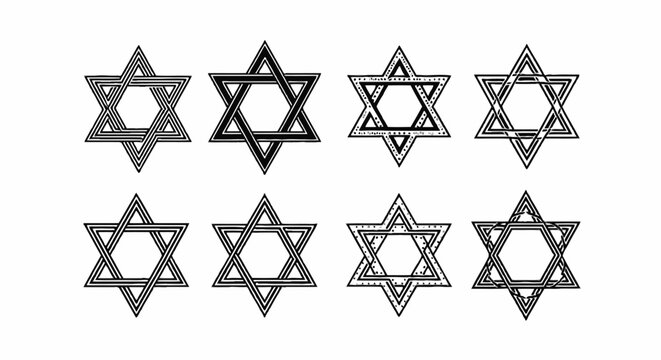 Geometric Star of David icon set, black and gray hexagram outline symbols. Jewish religious vector collection for logo design, signage, web UI and print