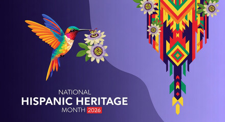 Fototapeta premium Vibrant hummingbird with rainbow plumage collecting nectar from a passionflower against a purple backdrop with ethnic geometric patterns, symbolizing heritage celebration