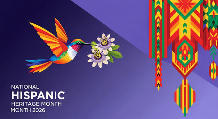 Fototapeta premium Vibrant hummingbird with colorful wings holding passion flowers, framed by a geometric pattern representing Hispanic heritage celebration, ideal for cultural events