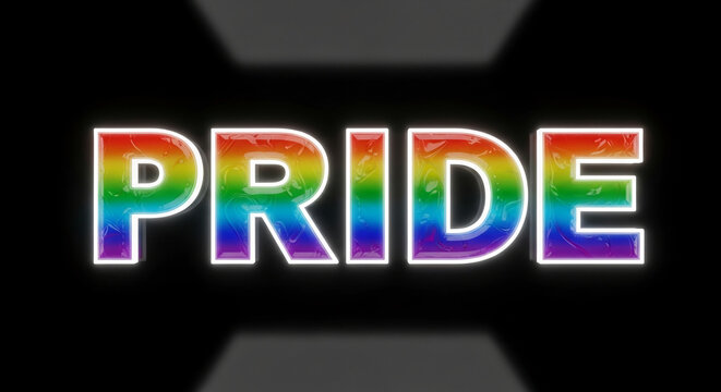 Glossy rainbow text spelling "PRIDE" on a black background, symbolizing LGBTQ+ celebration, equality, and self-affirmation, ideal for awareness campaigns and graphic design.
