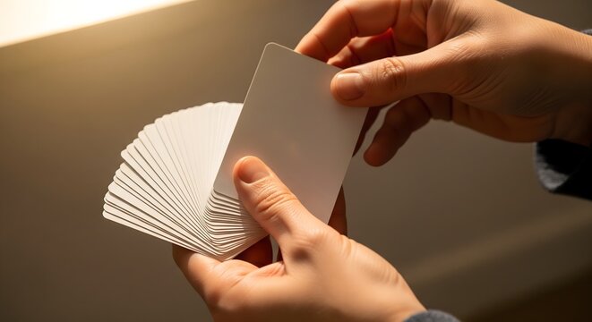 A person's hands are meticulously fanning out a stack of blank white cards, creating an intriguing visual with warm, soft lighting in the background.