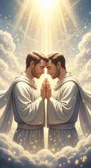 Naklejka premium Two men in white robes touch foreheads in prayer, bathed in divine light amidst clouds and glowing particles, symbolizing spirituality and connection