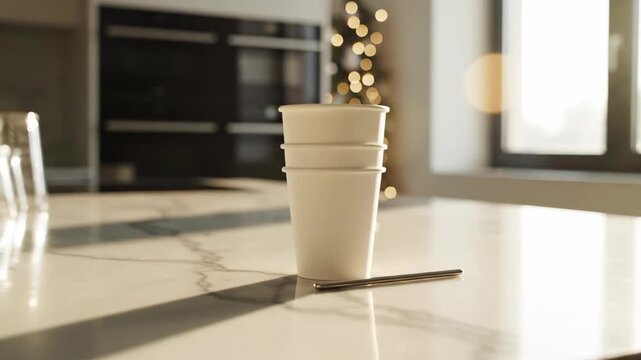 Three cups stacked on marble table near window with blurred holiday lights in background