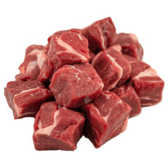 Fototapeta premium Fresh raw beef cubes pile isolated on a clean white background, for culinary cooking preparation