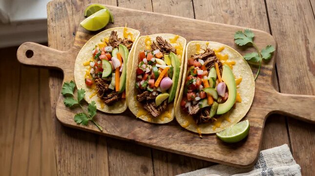 Beef carne asada tacos topped with onions and cilantro on a wooden board reflecting authentic street food culture.