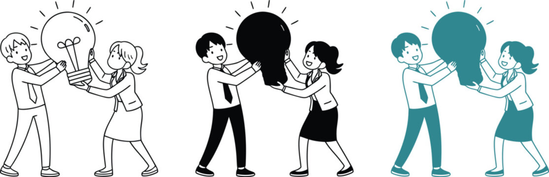Business team holding giant light bulb together for cooperation and innovation concept art.