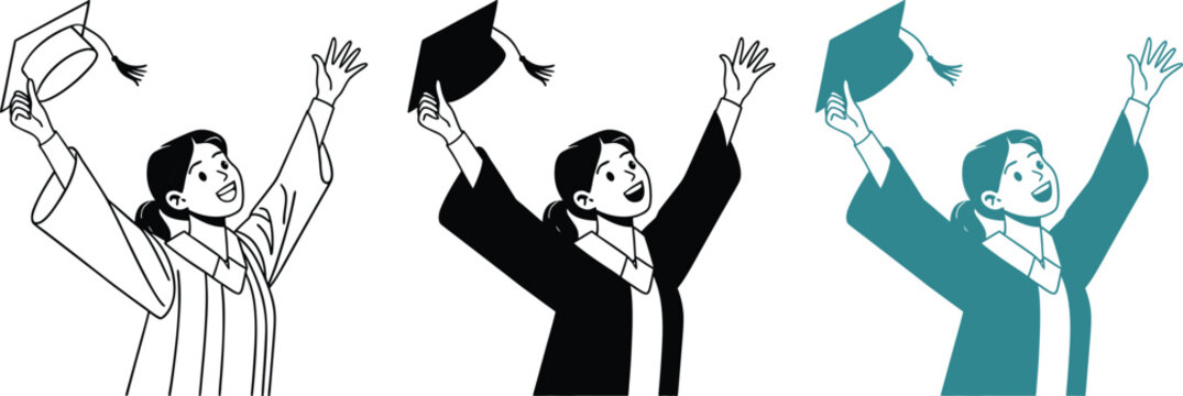 Happy girl in graduation robe throwing cap in air on transparent background vector icons.