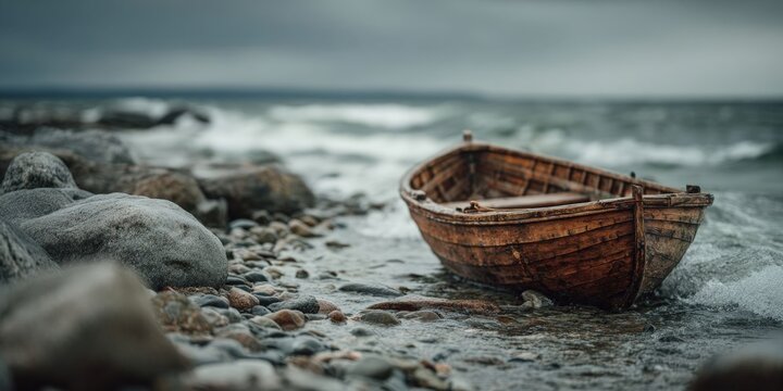 Wooden Boat on Rocky Beach Under Stormy Sky and Rough Sea