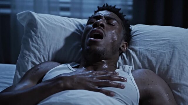 A Black man in a white tank top lies in bed, sweating and gasping with his mouth open. He appears to be in intense heart distress or pain.


