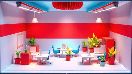 Fototapeta premium Minimalist office space. Bright colors dominate design. Desks, chairs, plants create functional layout. Clean aesthetic.