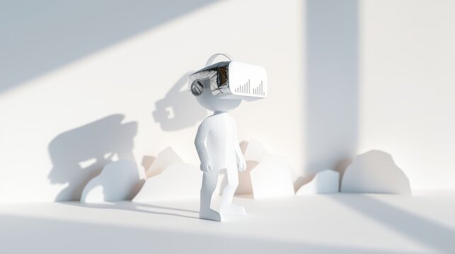 Minimalist figure wearing vr headset. Paper mountains create abstract landscape. Soft lighting, clean aesthetic, modern design.