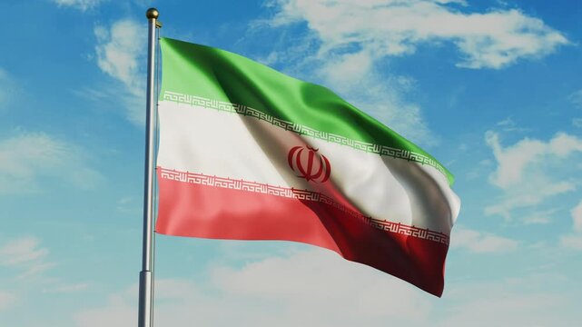 Iranian flag waving in wind with flagpole, against the background of the sky with clouds, 4K video render
