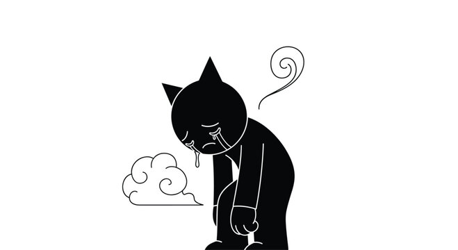Black silhouette of a sad cat character crying with tears and slumped shoulders expressing depression or deep sorrow on white background.