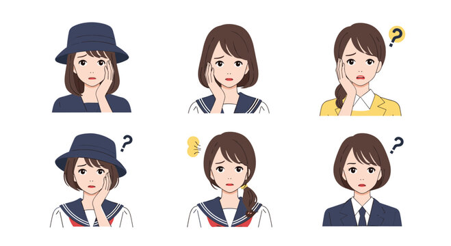 Set of illustrations featuring a schoolgirl in various uniforms showing expressions of worry, confusion, and doubt with question marks.