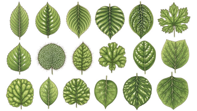 Collection of various botanical plant leaves with detailed veining patterns and shapes