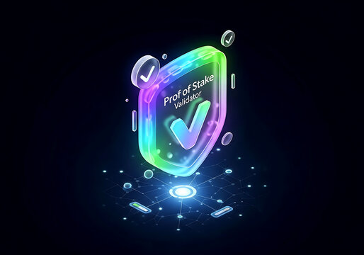 Proof of Stake validator shield icon with check mark in isometric style