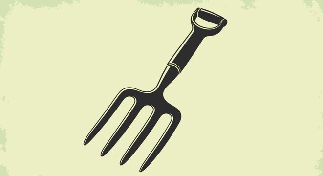 Silhouette of a gardening pitchfork tool with four sharp tines and a d-handle grip is displayed against a retro textured background.