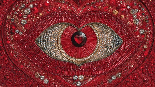 A stunning red heart-shaped artwork featuring an eye with intricate designs and sparkling jewels