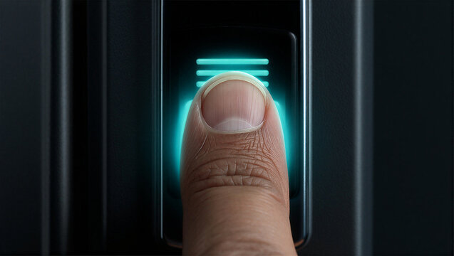 A close-up shot of a human thumb pressing a biometric fingerprint scanner.