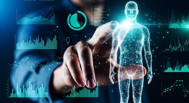 Hand touching glowing digital human body surrounded by data charts technology
