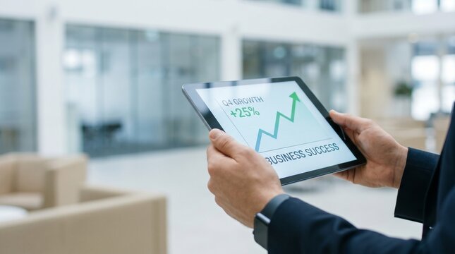 A close-up shot of a businessman in a formal suit holding a tablet displaying a positive growth chart for Q4