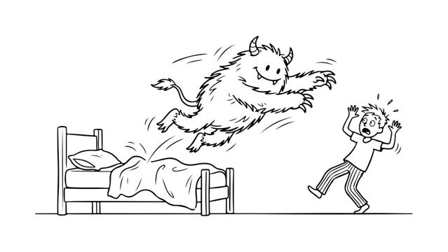 frightened boy startled by jumping monster leaping from bed cartoon nightmare illustration