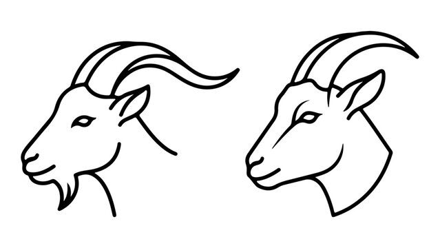 two goat head line drawings with curved horns capricorn goat icon vector outline set, simple two goat icons one with beard and one without beard on white background