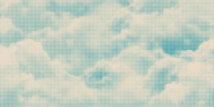 Color halftone texture of blue sky with clouds. Abstract cloud pattern vector dotted pixel texture background with copy space. Vintage cloudy sky