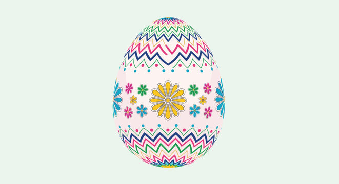 Colorful easter egg featuring vibrant patterns of zigzags, flowers, and geometric shapes is centered on a light mint green background.