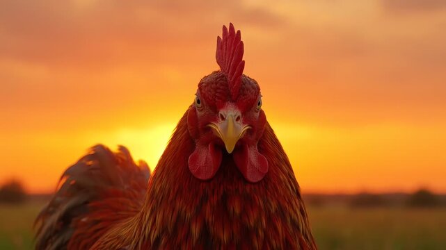 Red Rooster Crowing at Golden Sunset in a Rural Farm Field