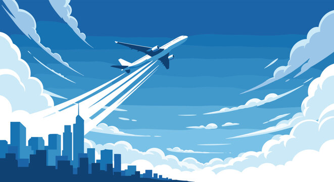 Airplane taking off over a city skyline with white vapor trails against a bright blue sky and fluffy clouds in a flat vector graphic style.
