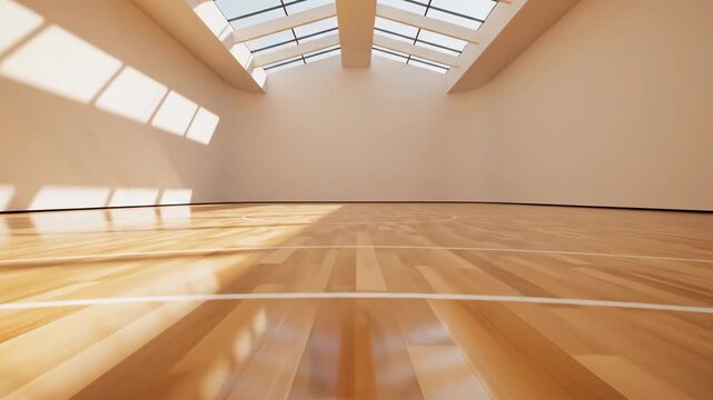 Sunlit empty room with wooden flooring and large skylights creating long shadows across the space