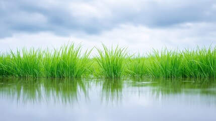 Fototapeta premium Lush green rice field with vibrant grass growing above water, reflecting cloudy sky, showcasing agricultural landscape in a serene rural setting, emphasizing natural beauty and cultivation practices