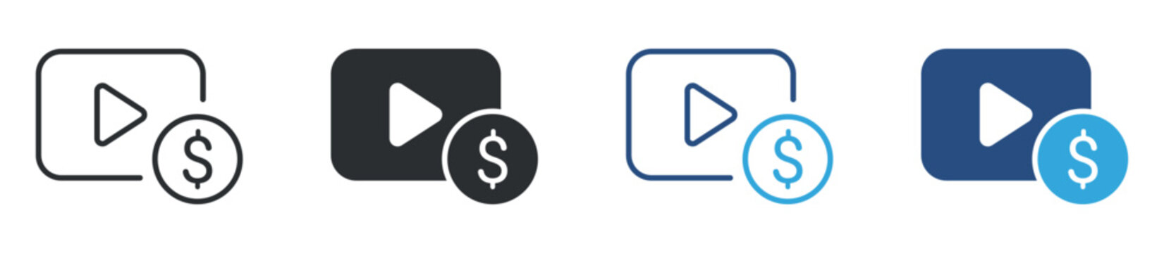 Video monetization icon set. media player with dollar symbol. online content revenue concept. vector illustration.