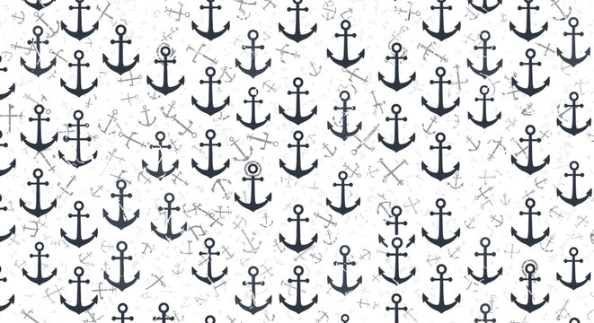 Dense pattern of dark blue anchors with a slightly distressed texture on a white background for vintage nautical and maritime themed decor.