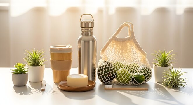 Sustainable Lifestyle Items Reusable Bottle, Bamboo Toothbrush, and Fresh Produce