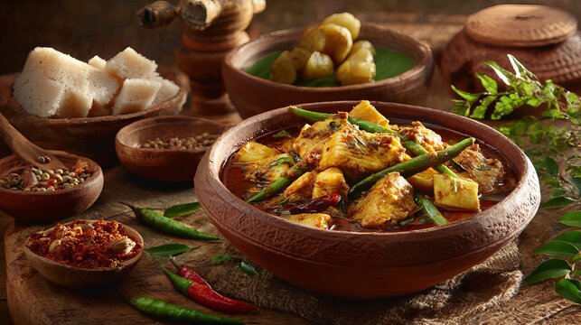 A traditional Indian dish served in a clay bowl with various spices and ingredients on a wooden table