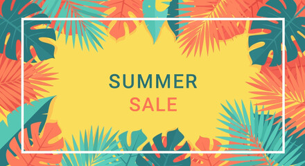 Summer Sale Banner Background with Colorful Tropical Leaves Frame and Flat Design Style © MA studio