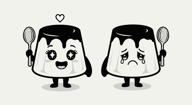 Cute kawaii pudding character vector, black and white dessert mascot illustration. Sweet food cartoon icon pair with spoon and heart for menu branding