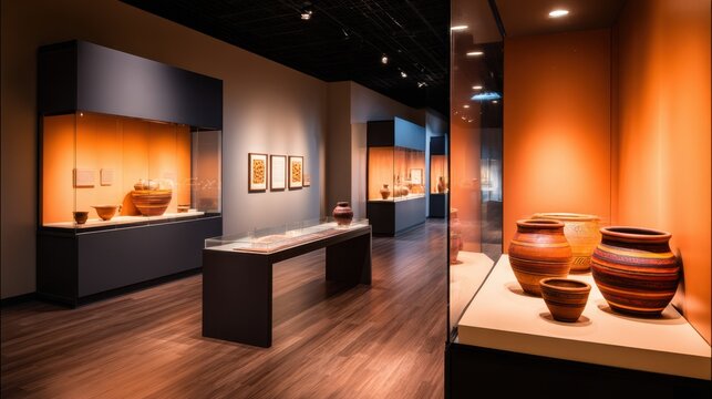 An art gallery displaying various ceramics and pottery under warm lighting and soft shadows