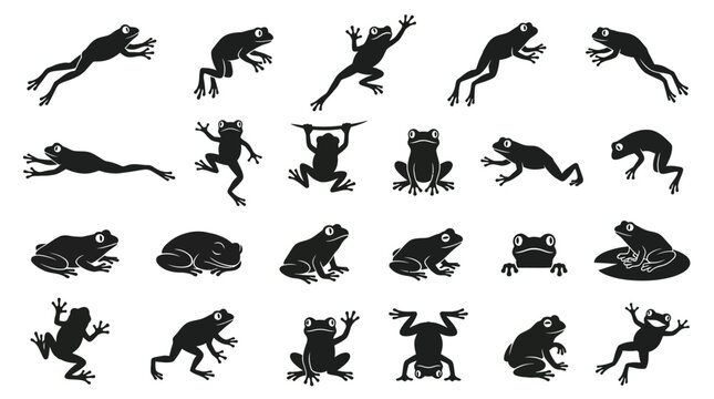 A creative vector silhouette set of frogs in various poses and actions is presented in a digital illustration collection.