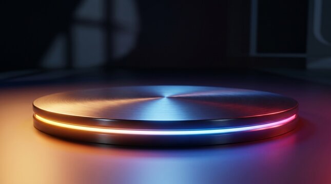 Sleek metallic podium with vibrant illuminated trim stands ready for product display and showcase in futuristic setting
