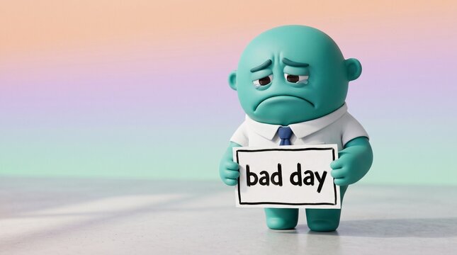 Sad turquoise character in a formal shirt holding a sign that says bad day while crying from feeling very overwhelmed
