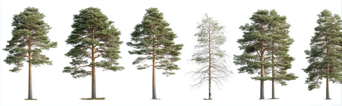 Isolated Pine Trees and Conifer Specimens on White Background Panorama for Design Use