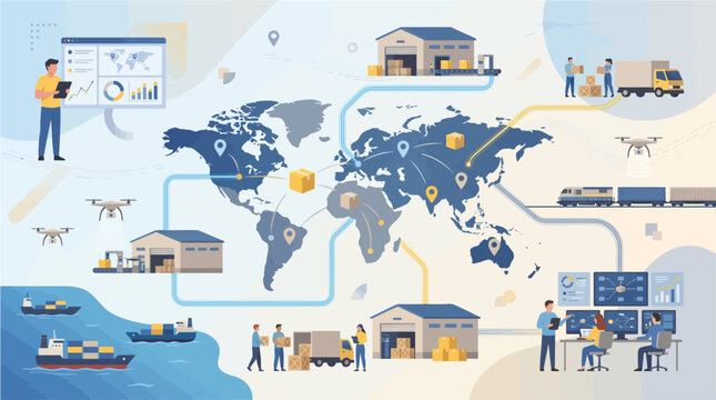 Global logistics and supply chain management illustrated with interconnected world map warehouses trucks ships trains drones and people overseeing operations for international trade and distribution