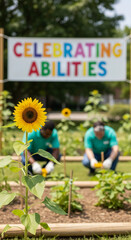 Obraz premium Sunflower in garden with banner celebrating abilities, people gardening symbolizing inclusion and diverse talent, representing growth and community support